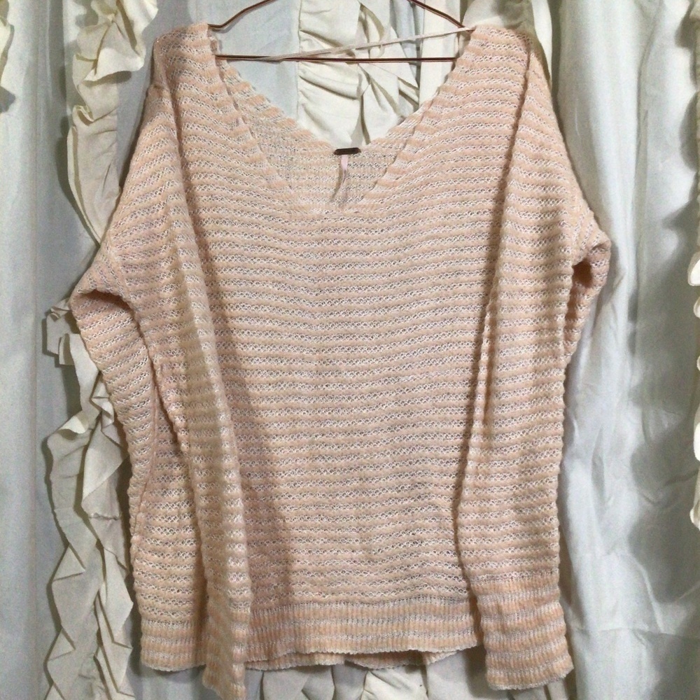 Free People Open Knit Linen Wool Blend Sweater Peach White Stripes small - Picture 2 of 6
